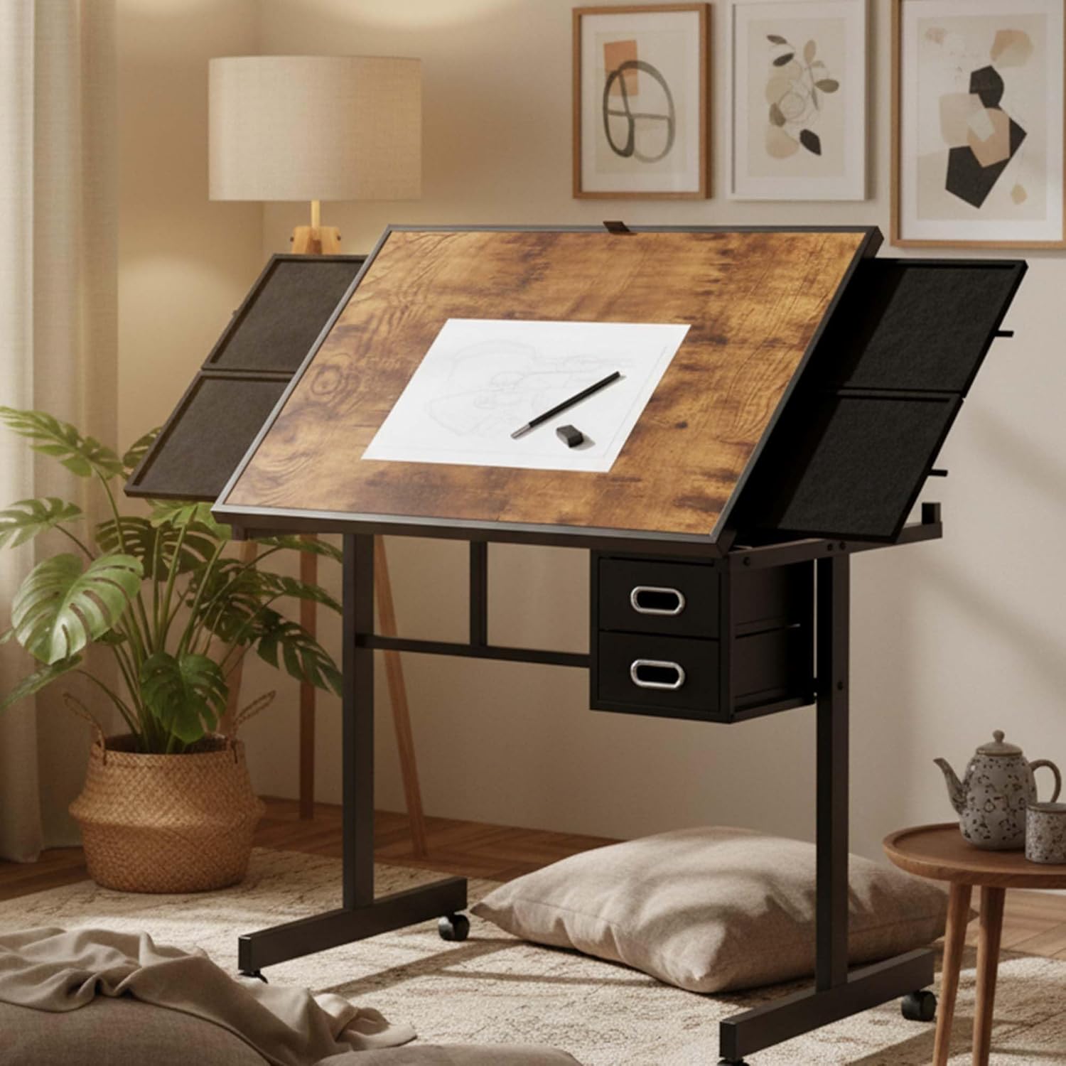 Home Office Desk With Drawers - Adjustable Drafting Table with 4 Trays