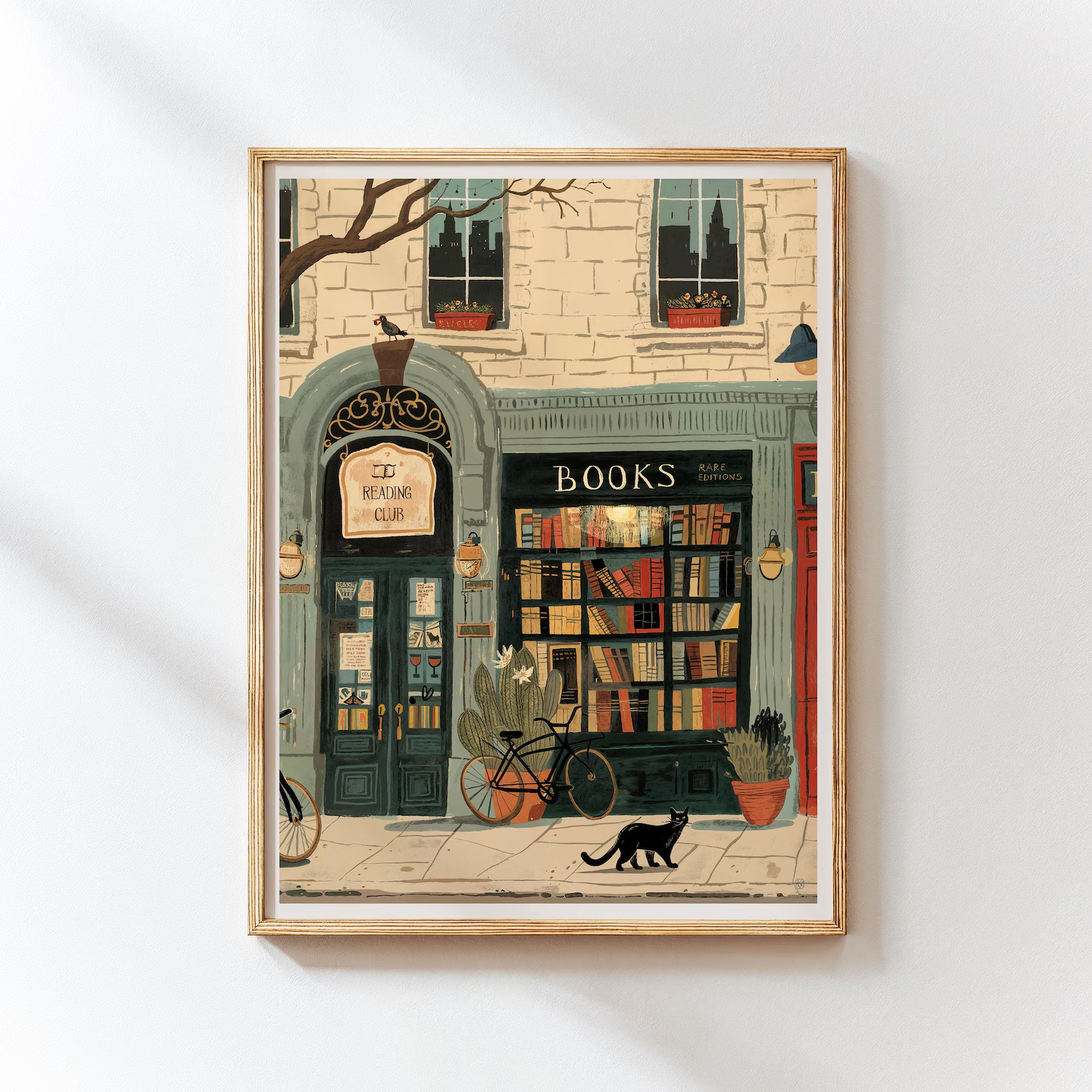 Home Office With Library - Bookstore Art Print, Cozy Bookshop Illustration,