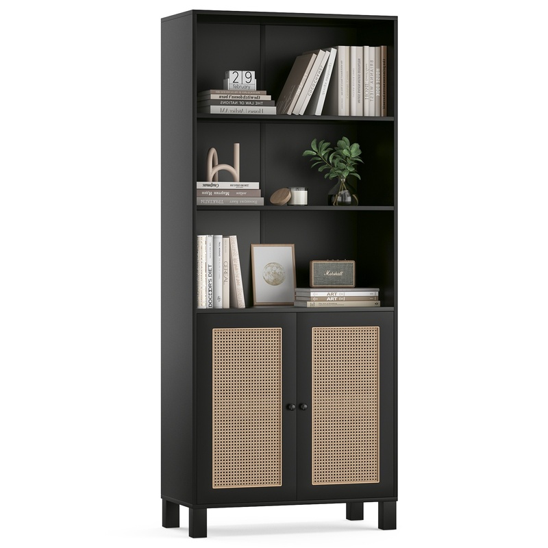 Home Office With Library - Black 5-Tier Wood Bookcase with Rattan