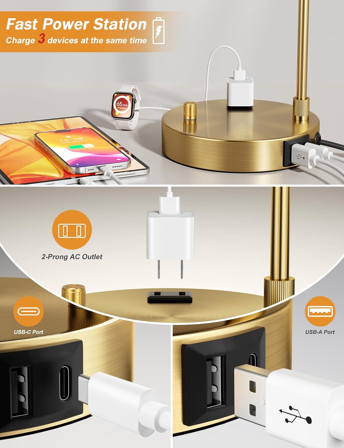 Gold Table Lamp With USB Port  - مراجعة Home Office Guest Room وسعره