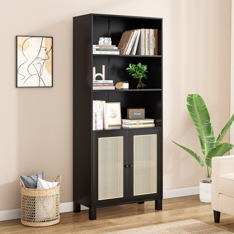 Black 5-Tier Wood Bookcase wit - مراجعة Home Office With Library وسعره