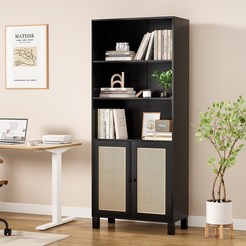 Black 5-Tier Wood Bookcase wit - مراجعة Home Office With Library وسعره